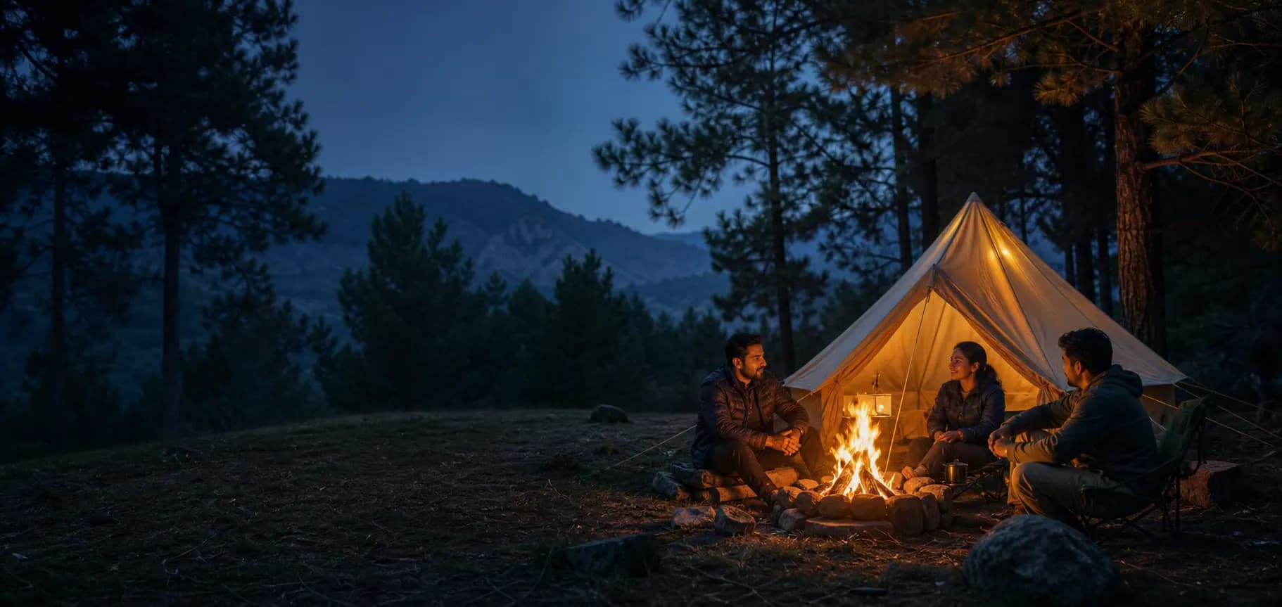 Friends gathered around a campfire beside a tent at dusk